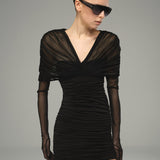 Tulle Detail Black Mini Dress with Glows