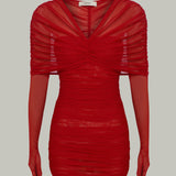 Tulle Detail Red Mini Dress with Glows