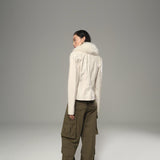 Pearl Croco Pattern Leather Tailored Jacket with Shearling Collar