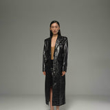 Jet Black Croco Leather Tailored Long Coat