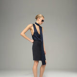 Navy Blue Satin Blouse with Scarf