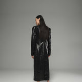 Jet Black Croco Leather Tailored Long Coat