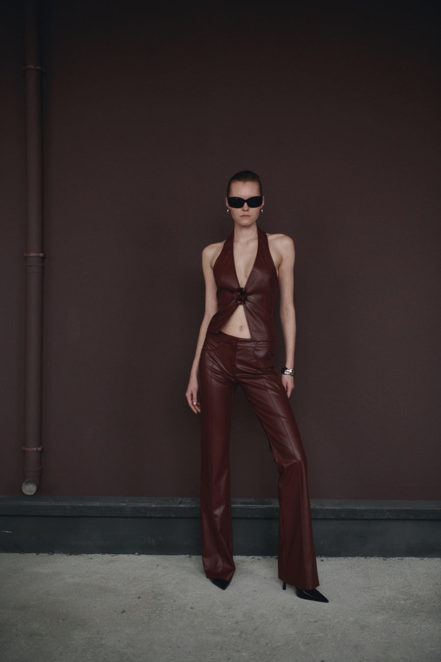 The Helie burgundy leather suit