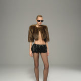 Brown Melange Faux Fur Crop Coat