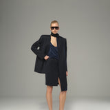 Navy Blue Satin Blouse with Scarf