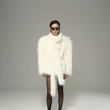 Stand-Collar and Strong-Shoulder Faux Fur Coat