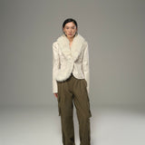Pearl Croco Pattern Leather Tailored Jacket with Shearling Collar